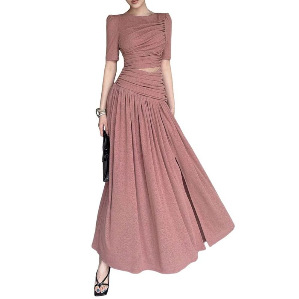 Burryco Womens Short Sleeve Solid Maxi Dress, Pink